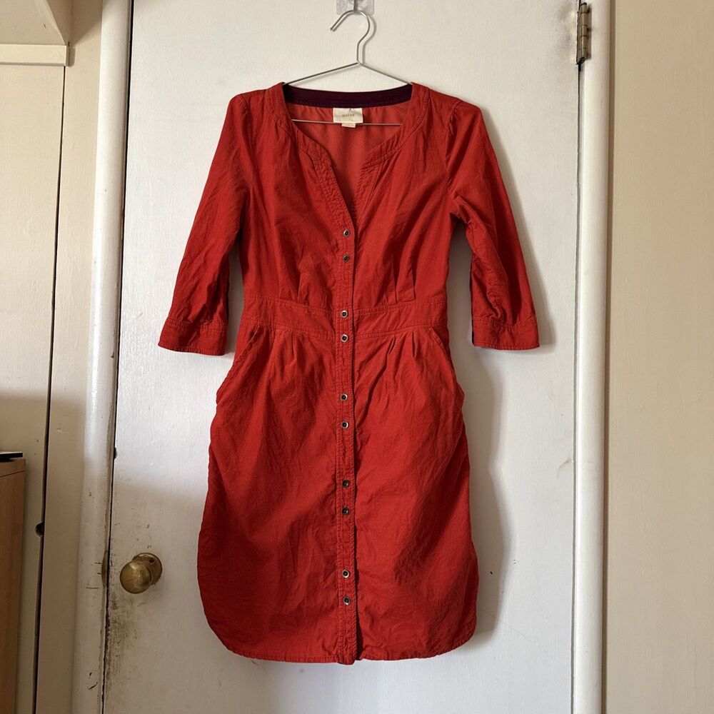 Anthropologie Maeve Burnt Orange Button Up Corduroy Shirt Dress Pockets Sz 2